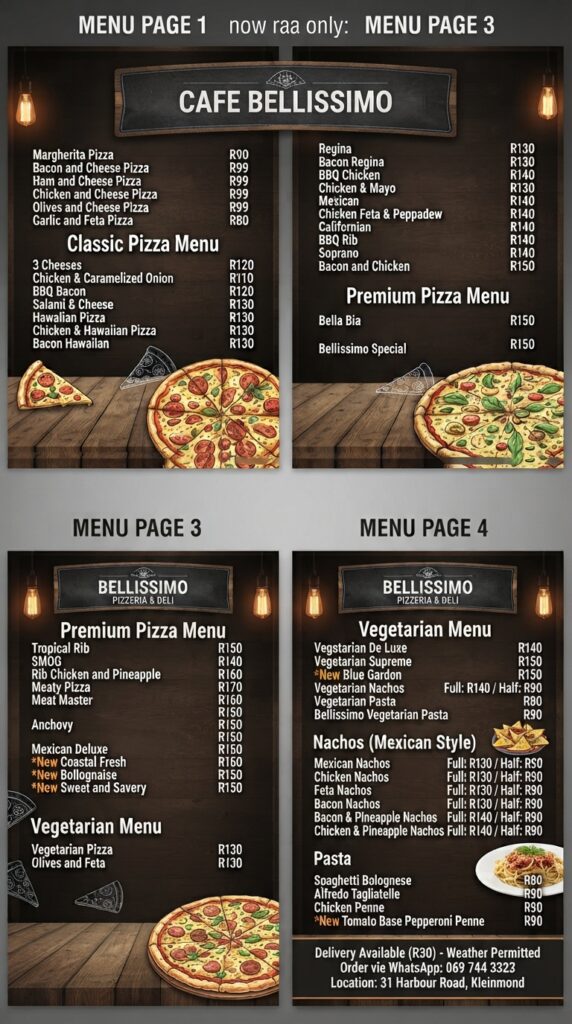 Cafe Bellissimo Kleinmond Pizza Pasta Menu